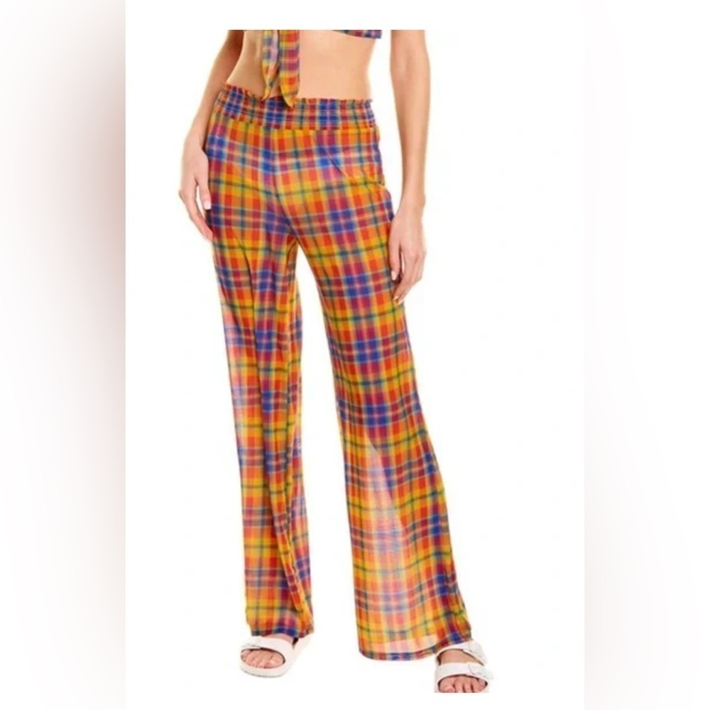 WeWoreWhat SMOCKED MESH PLAID PANTS COVER UP ORANGE AND BLUE SIZE medium 1892